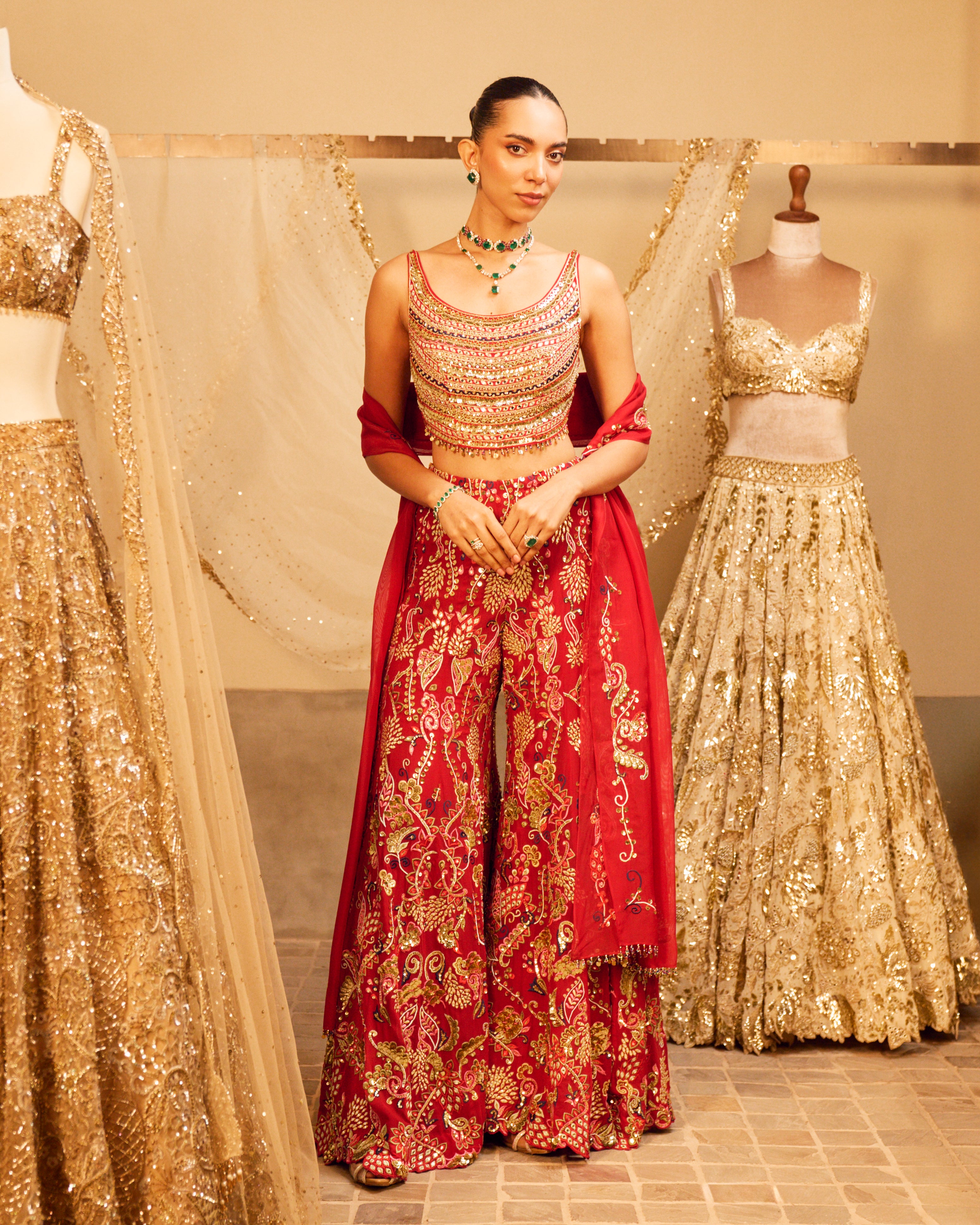 Red High Waist Sharara Set with A Dupatta
