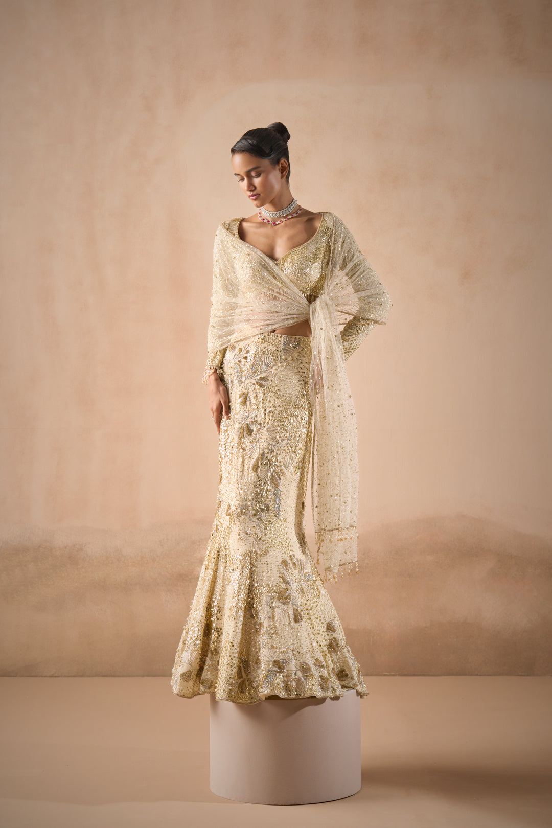 IVORY GEORGETTE FIT AND FLARE LEHENGA SET