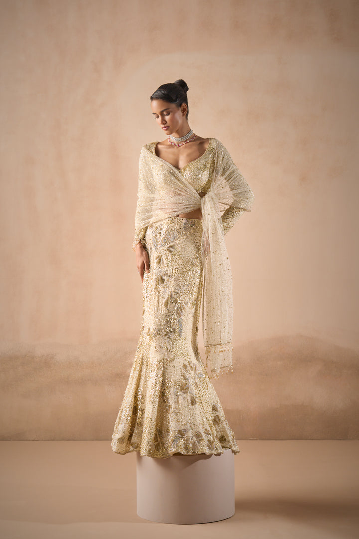 IVORY GEORGETTE FIT AND FLARE LEHENGA SET