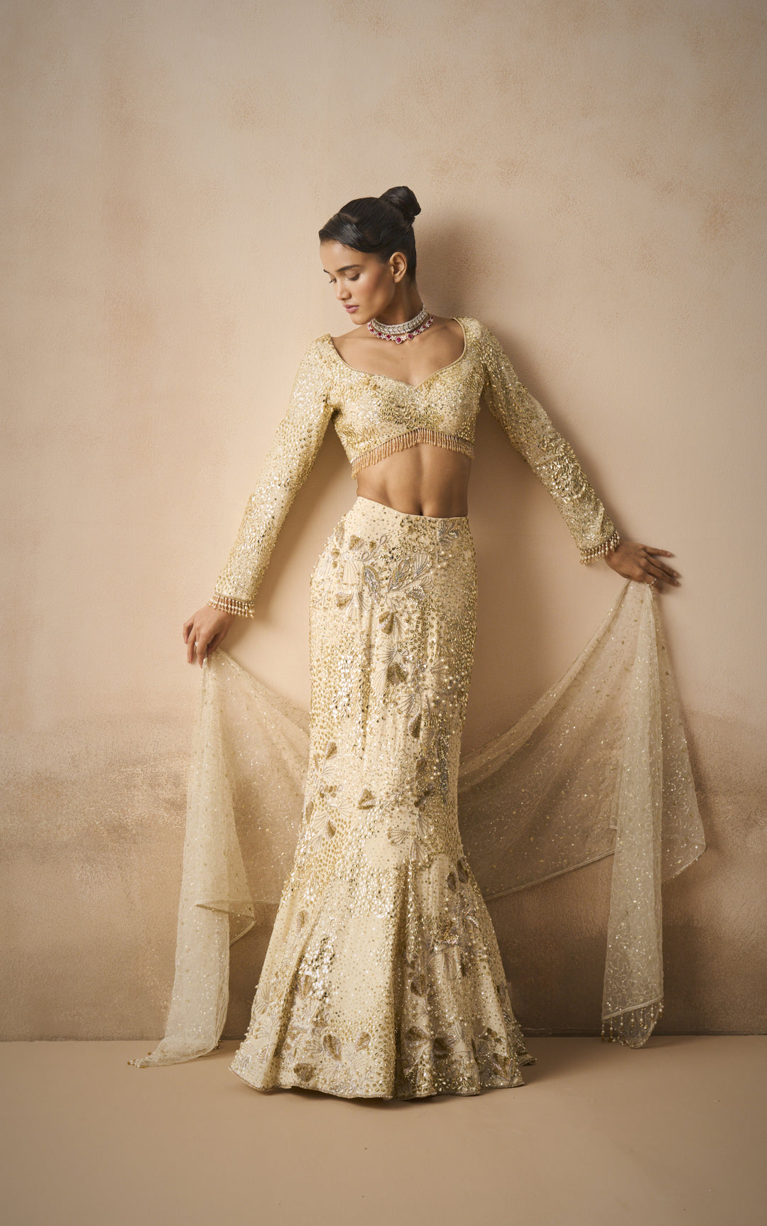 IVORY GEORGETTE FIT AND FLARE LEHENGA SET