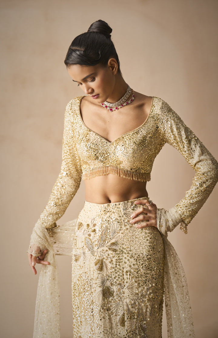 IVORY GEORGETTE FIT AND FLARE LEHENGA SET