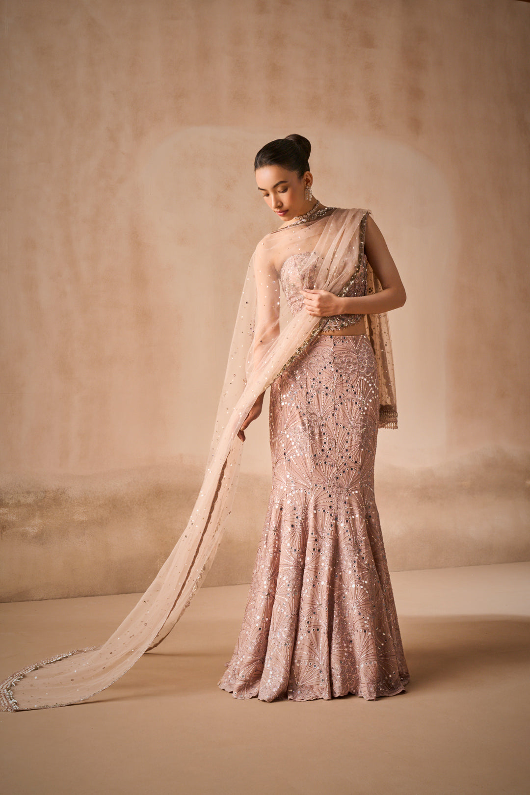 MAUVE PINK GEORGETTE FIT AND FLARE LEHENGA SET