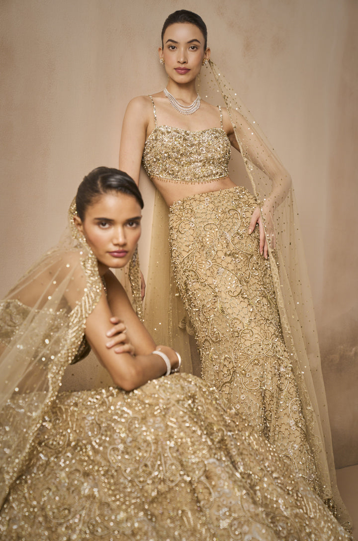 BEIGE GOLD SPARKLE TULLE FIT AND FLARE LEHENGA SET