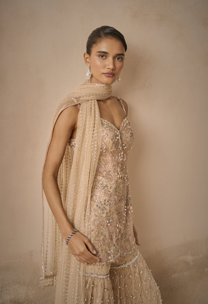 BISCUIT BROWN TULLE STRAPPY GHARARA  SET