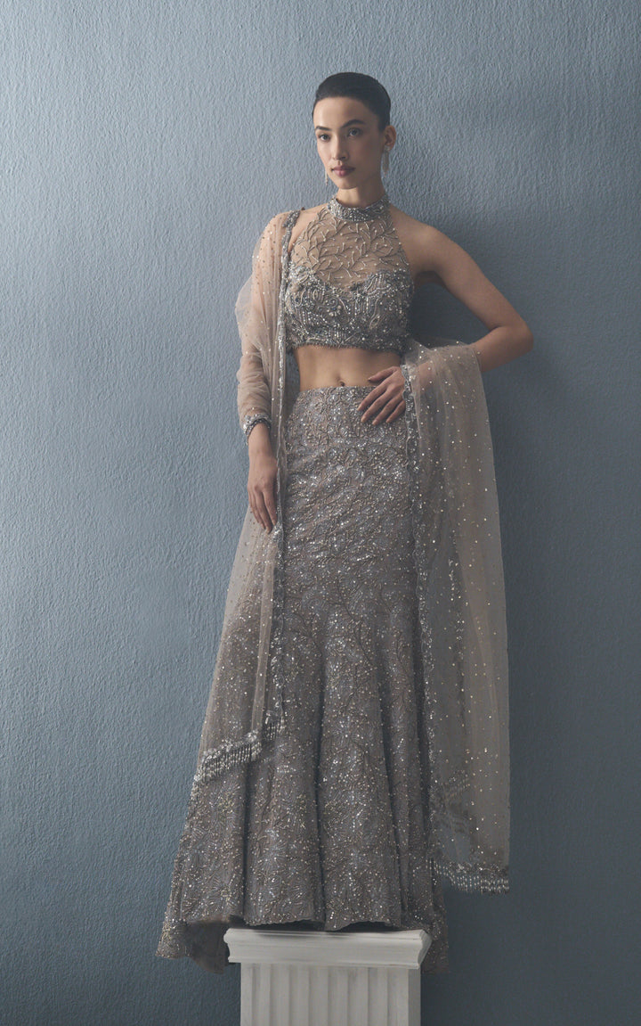 GREY TULLE FIT AND FLARE LEHENGA SET