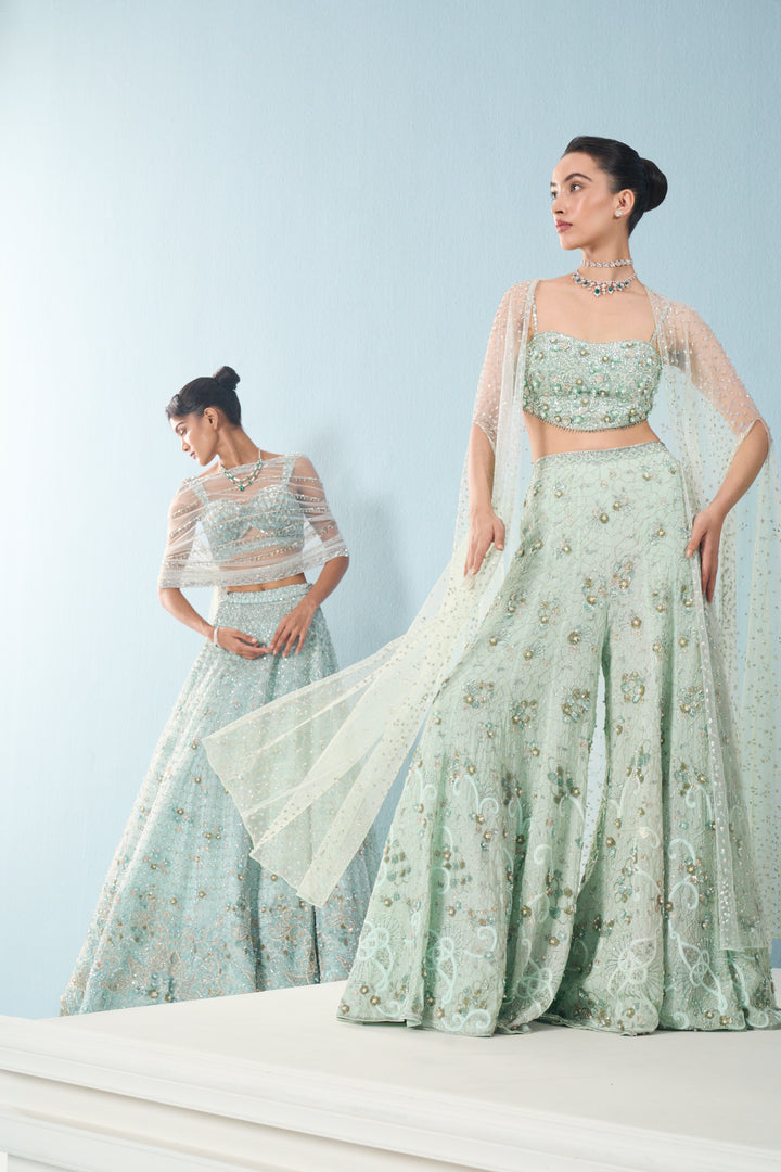 SEA GREEN GEORGETTE HIGH WAIST SHARARA AND CAPE SET
