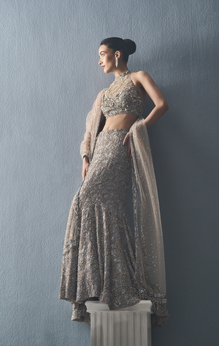 GREY TULLE FIT AND FLARE LEHENGA SET