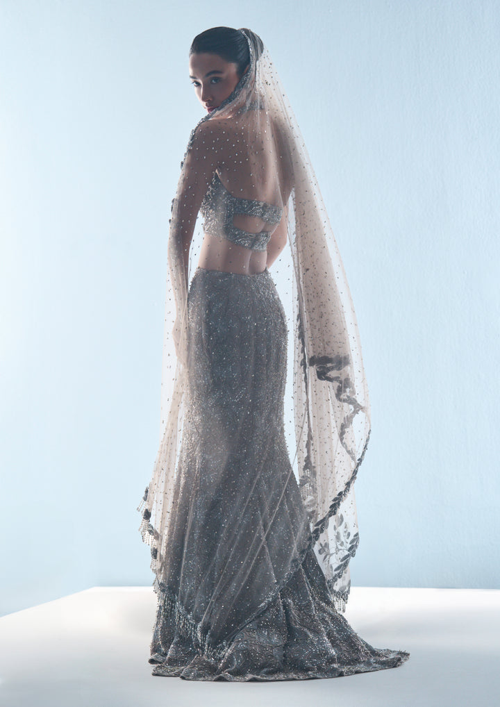 GREY TULLE FIT AND FLARE LEHENGA SET