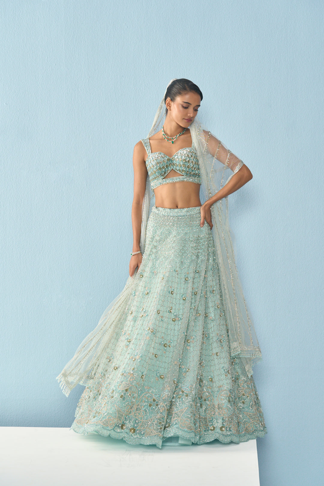 AQUA BLUE TULLE LEHENGA SET