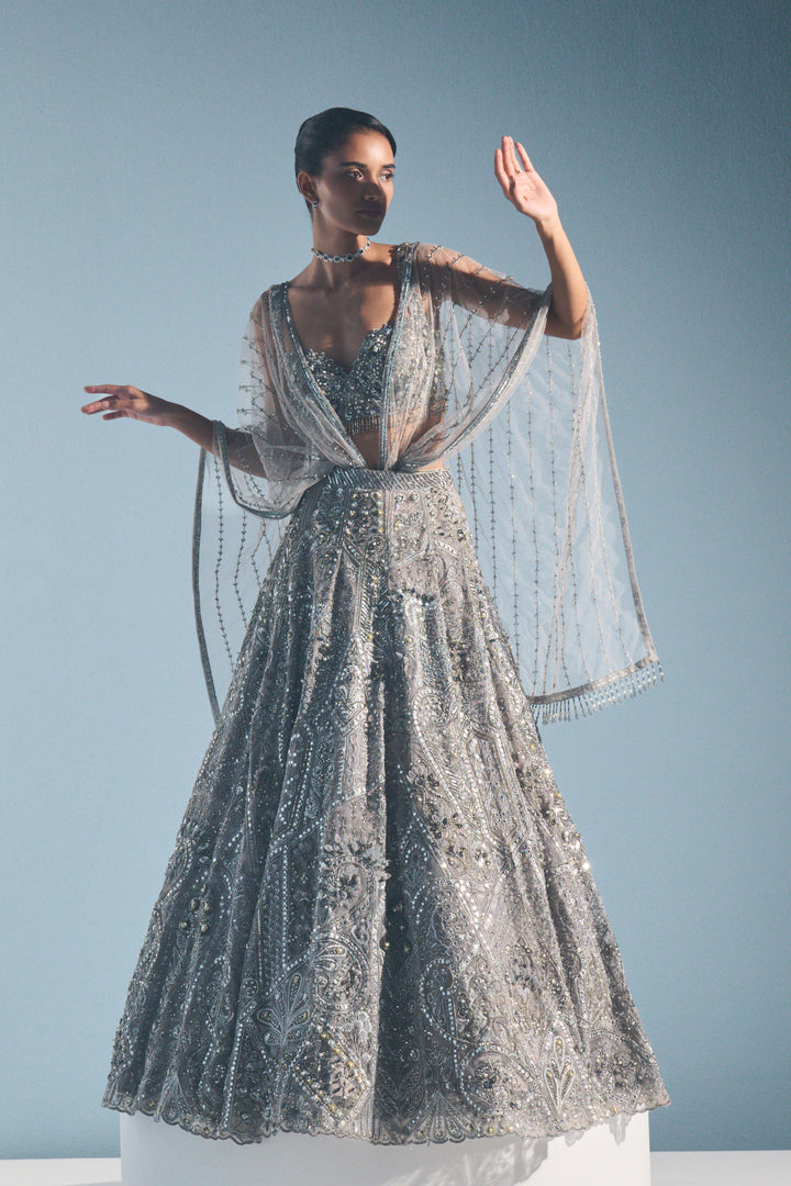 GREY TULLE LEHENGA SET