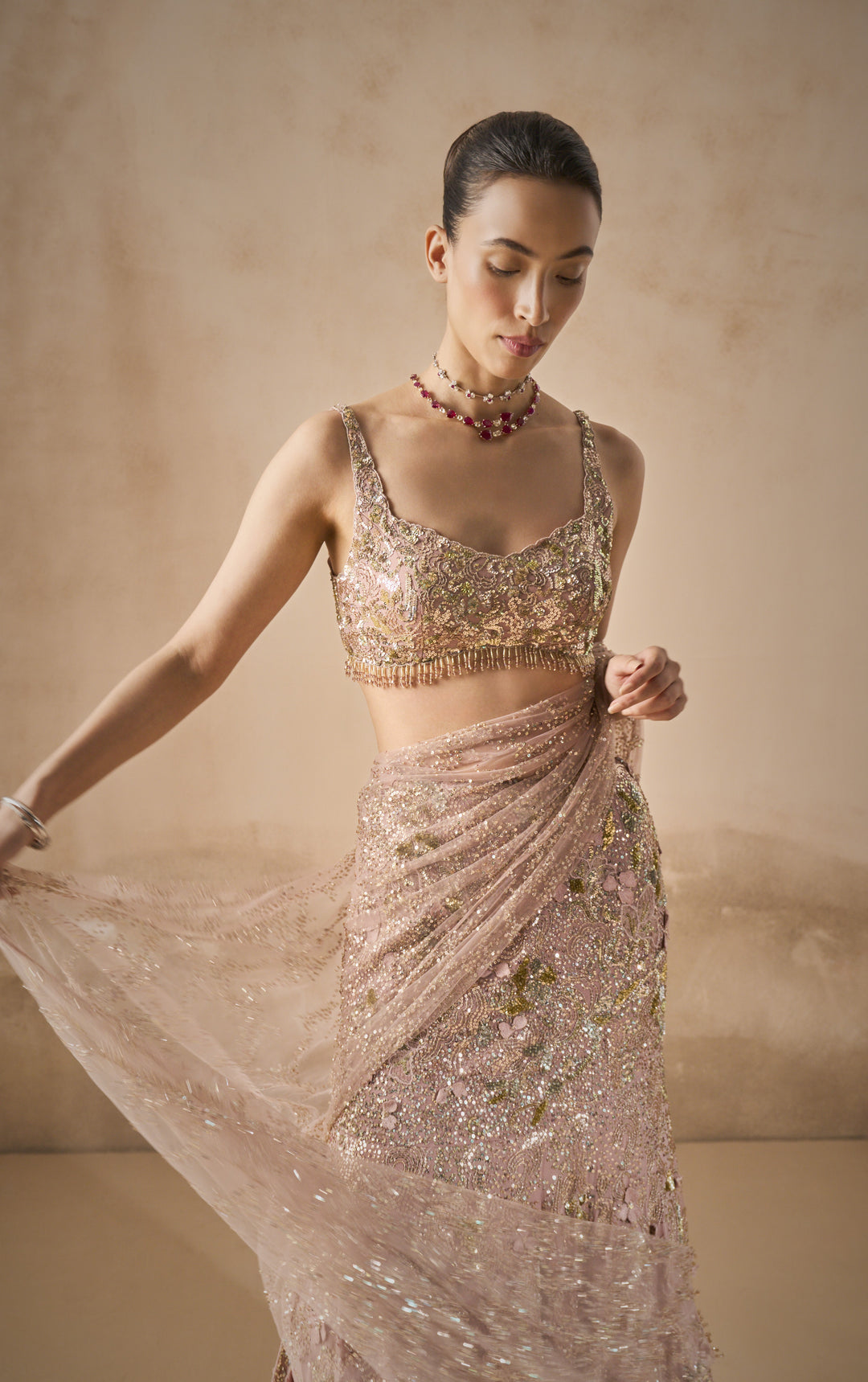 ROSE PINK GEORGETTE  SPARKLE DRAPE LEHENGA SET