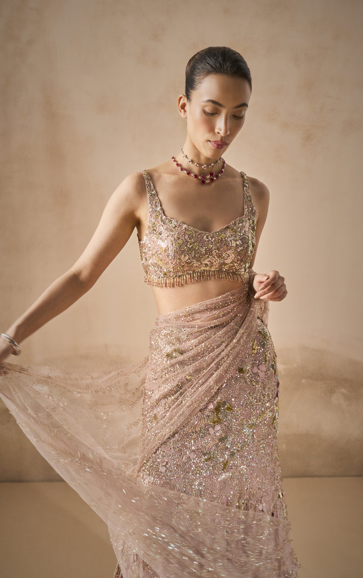 ROSE PINK GEORGETTE  SPARKLE DRAPE LEHENGA SET