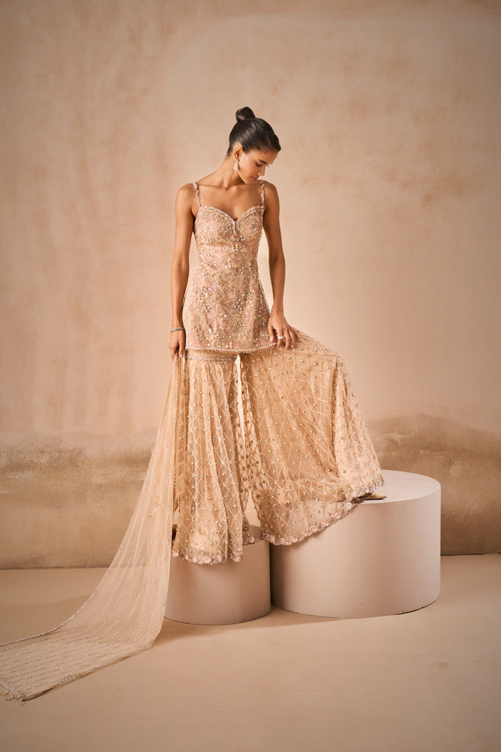 BISCUIT BROWN TULLE STRAPPY GHARARA  SET