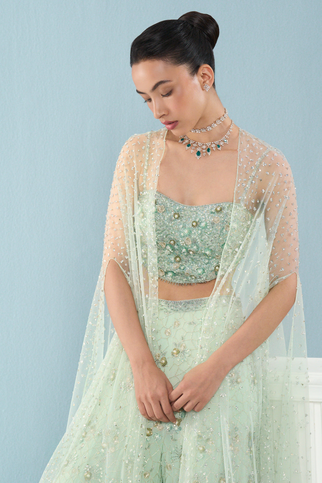 SEA GREEN GEORGETTE HIGH WAIST SHARARA AND CAPE SET