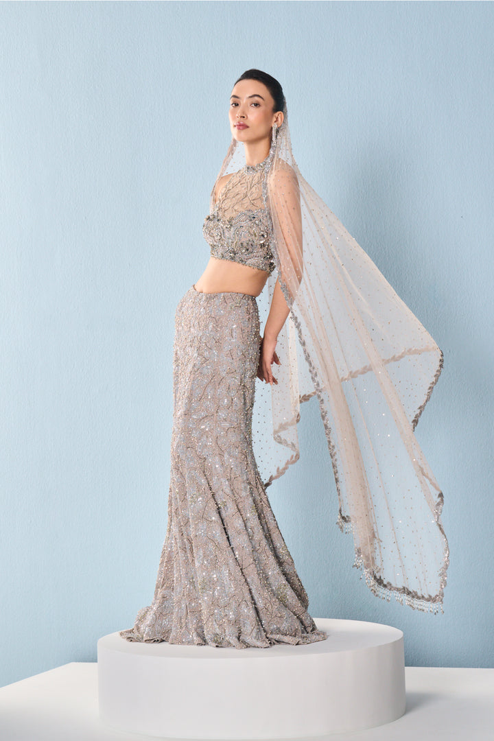 GREY TULLE FIT AND FLARE LEHENGA SET