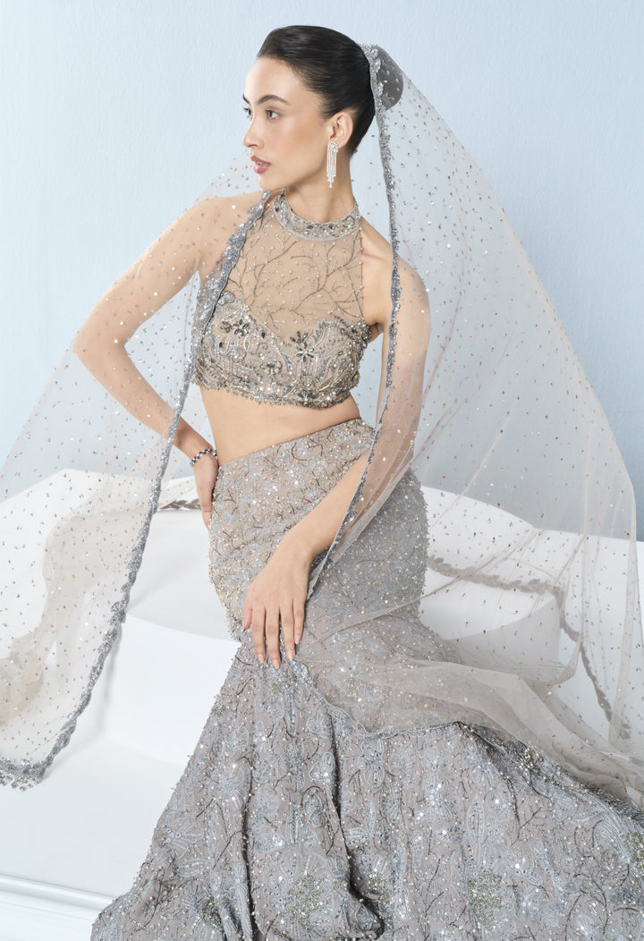 GREY TULLE FIT AND FLARE LEHENGA SET