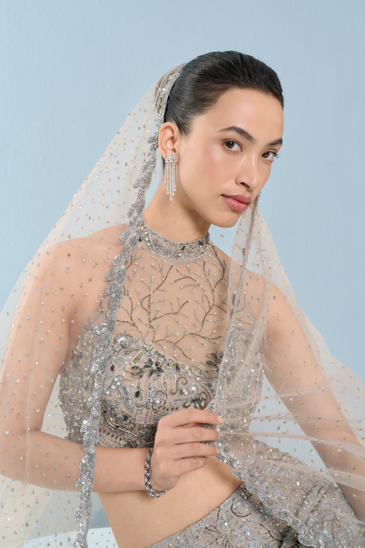 GREY TULLE FIT AND FLARE LEHENGA SET