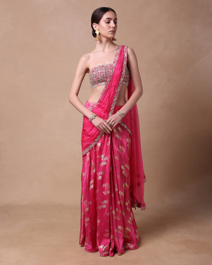 Pink Drape Skirt With Saree Drape