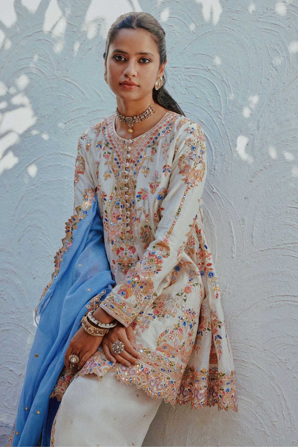 Ivory & English Blue Kali Kurta And Dhoti Set