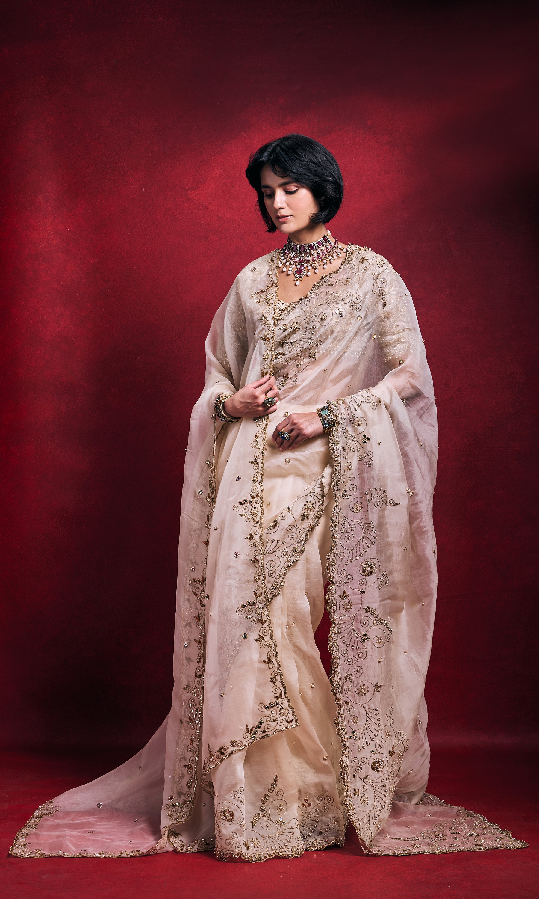 poth saree Cream Organza Saree Set