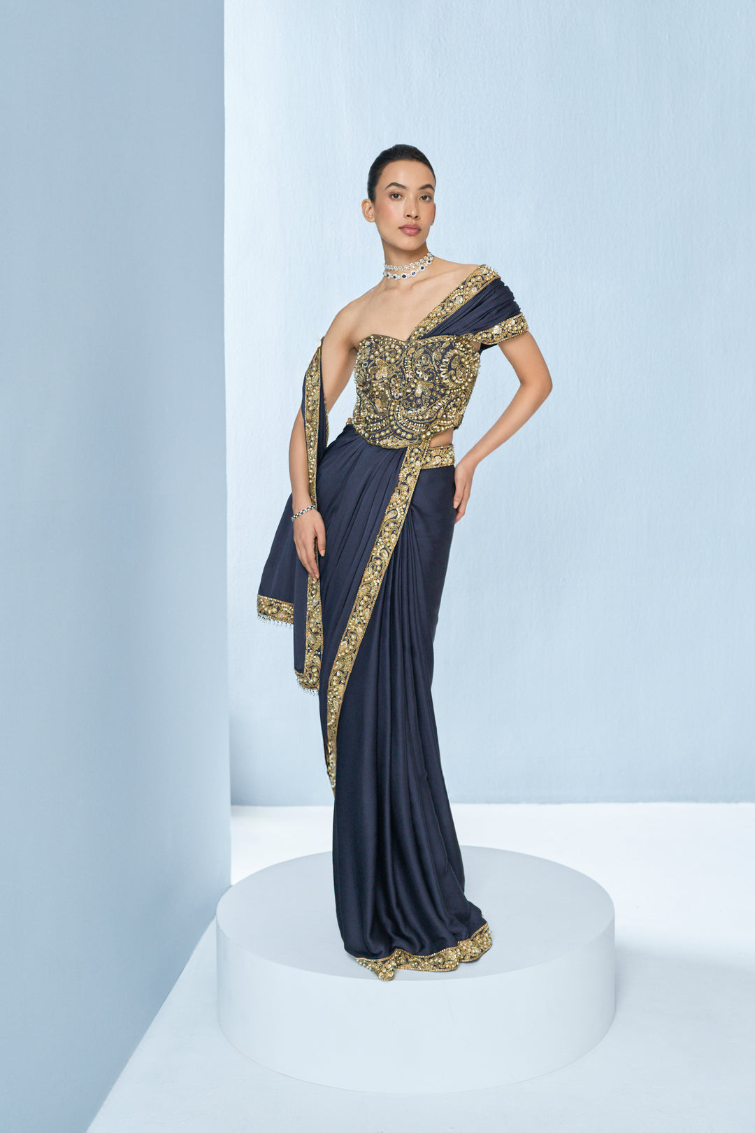 MIDNIGHT BLUE SATIN SAREE AND CORSET BLOUSE