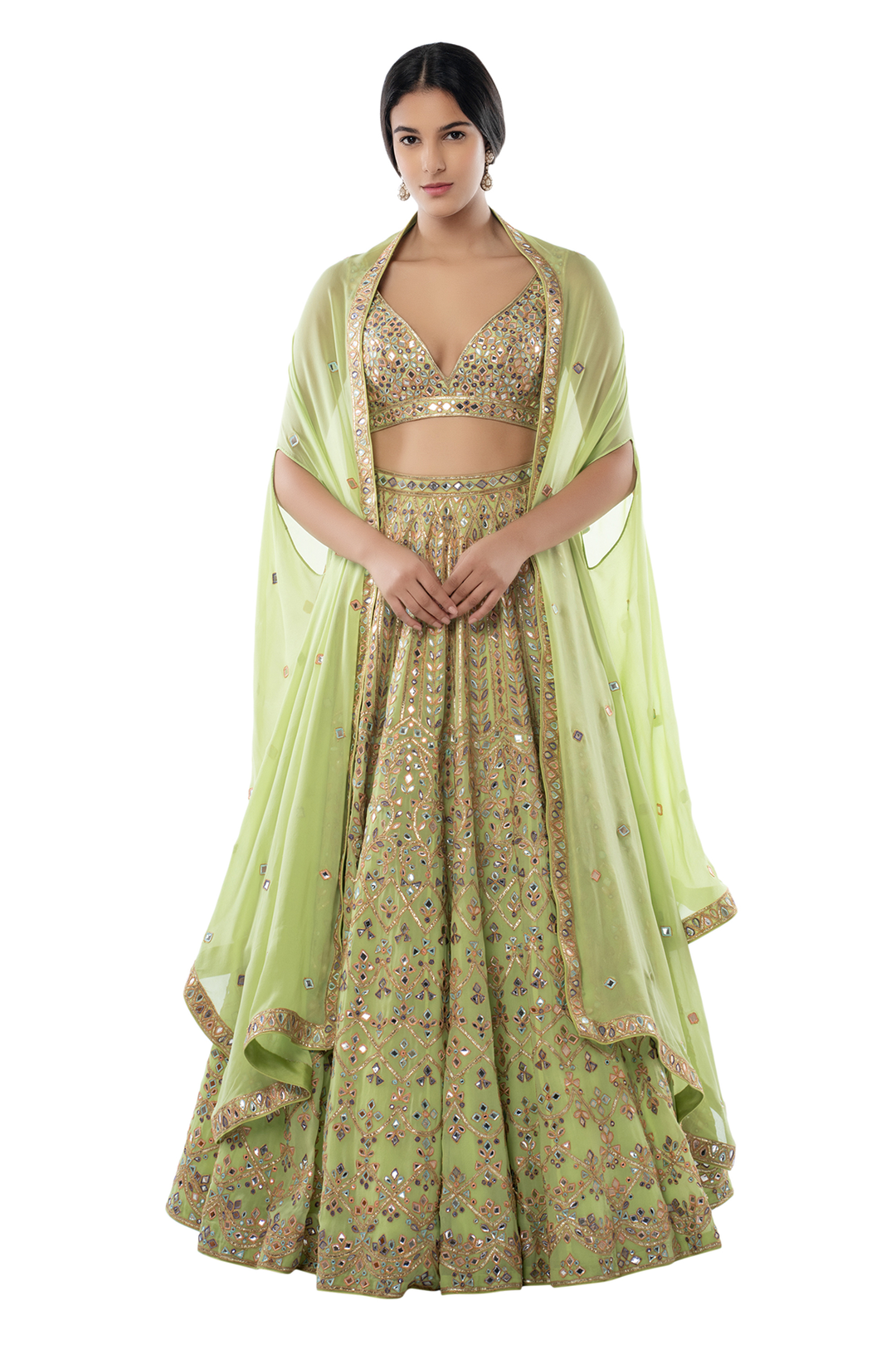Pista Green Light Jaal Lehenga