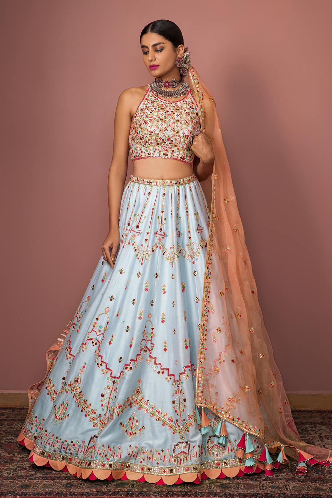 Blue Lehenga With Halter Blouse