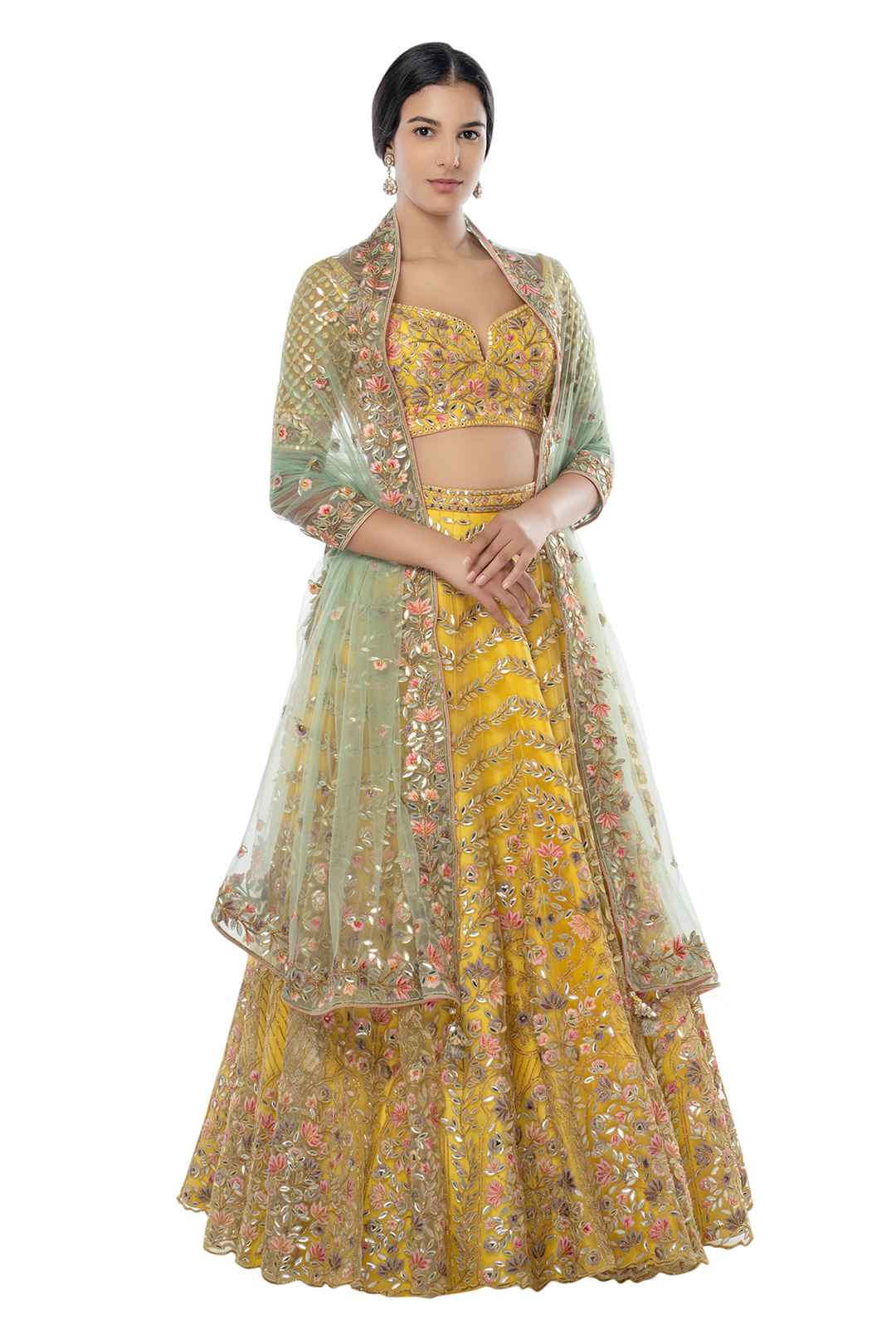 Yellow Net Lehenga With Foil, Resham