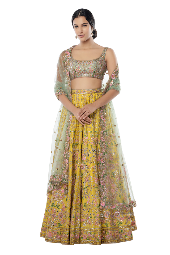 Bright Yellow Chanderi Lehenga With Resham