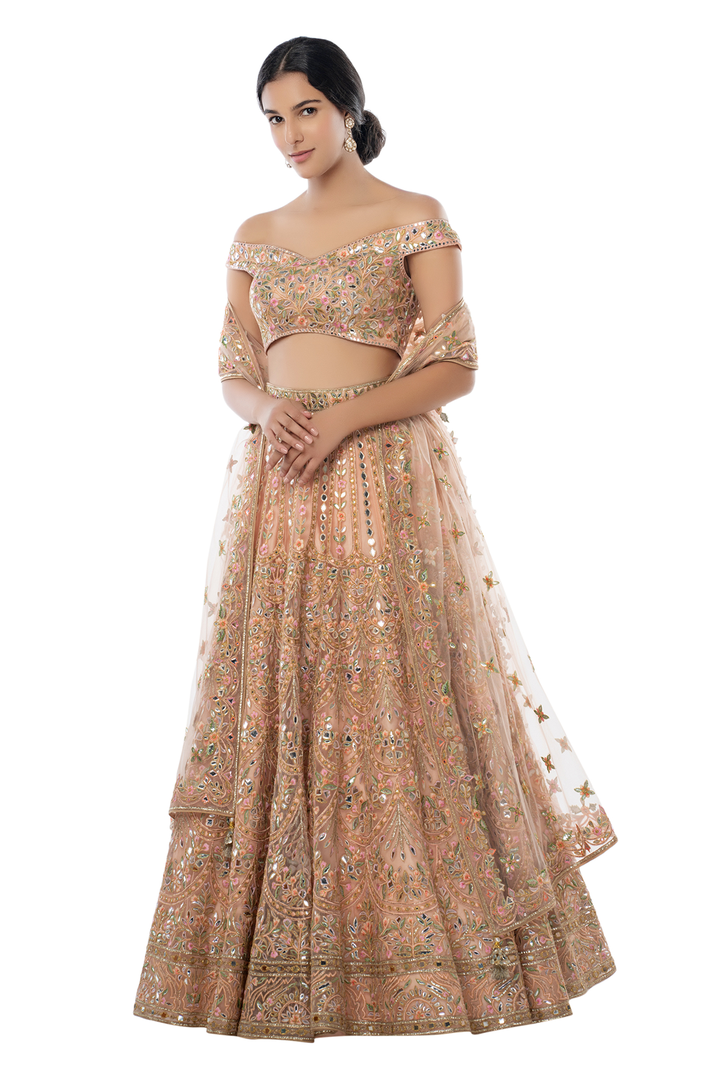 Peach Net Lehenga With Off Shoulder Blouse