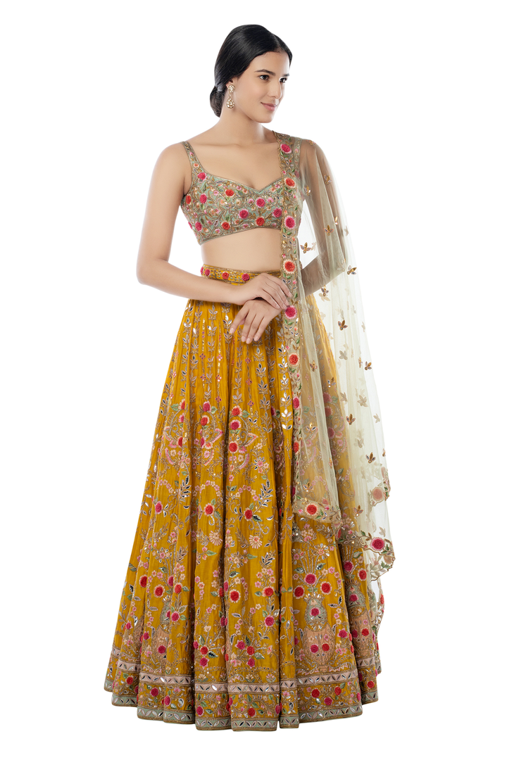 Mustard 3D Flower Lehenga With Mint Blouse And Dupatta