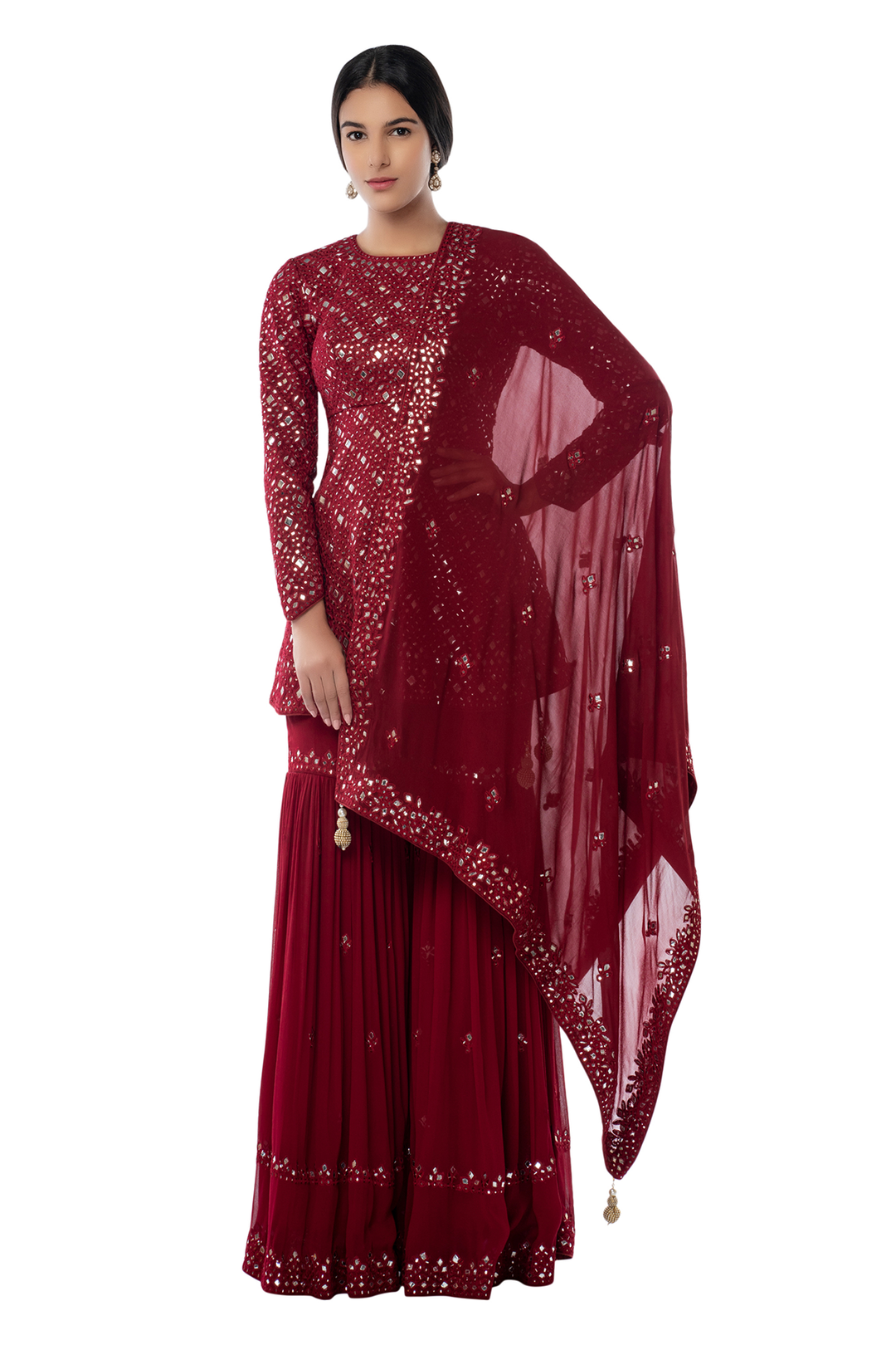 Maroon Peplum Thigh Cut Gharara Set