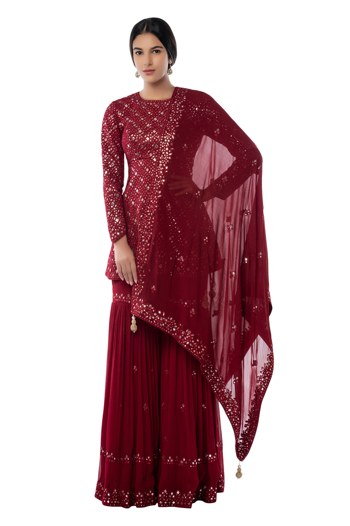Maroon Peplum Thigh Cut Gharara Set
