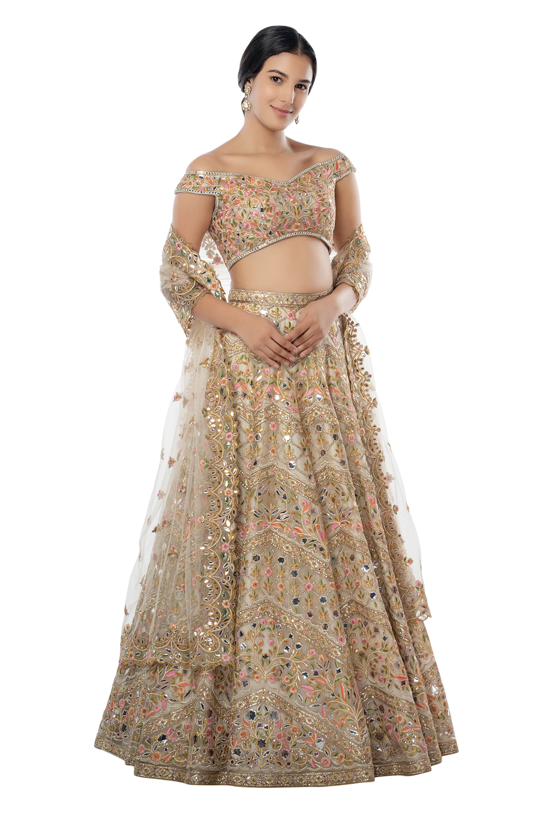 Ivory Net Lehenga With Foil, Gota Resham
