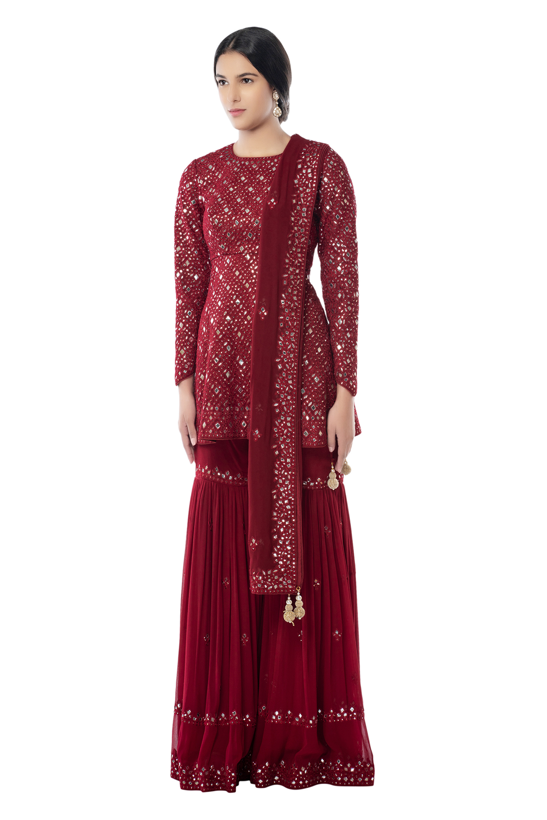 Maroon Peplum Thigh Cut Gharara Set