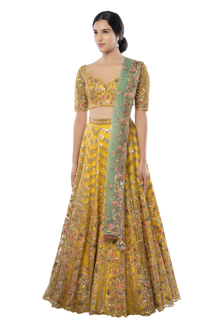 Yellow Net Lehenga With Foil, Resham