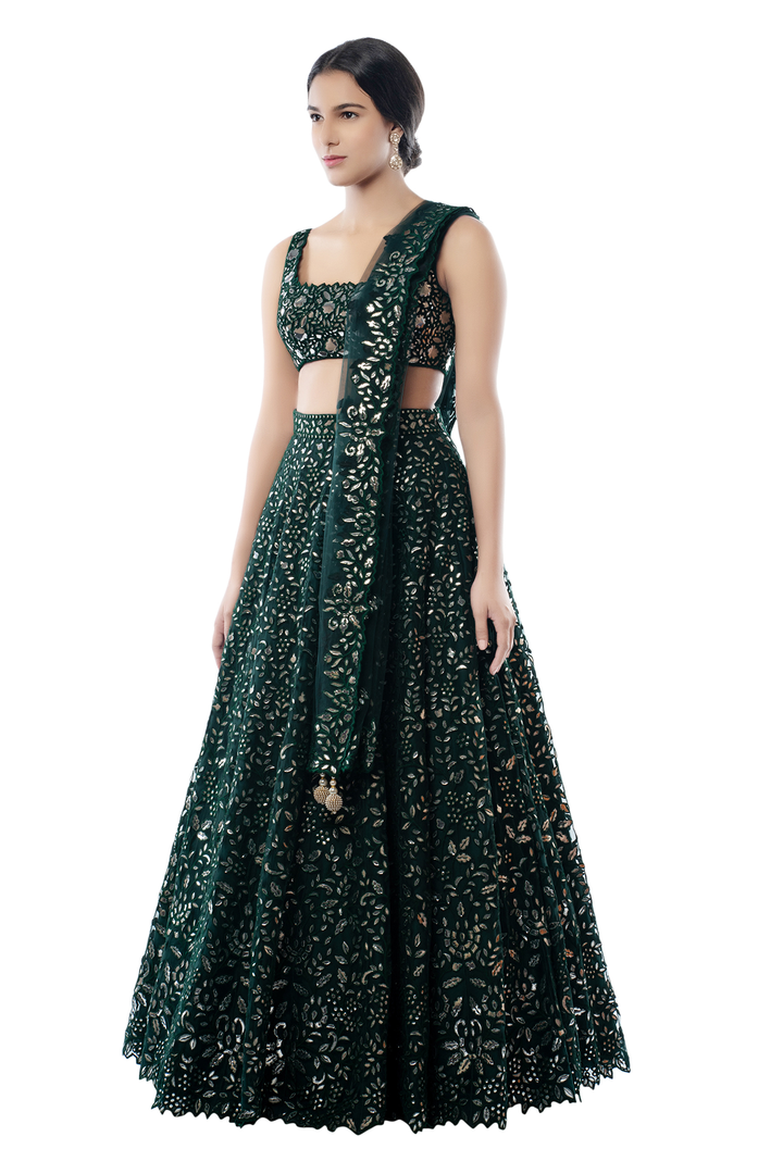 Green Foil Net Lehenga