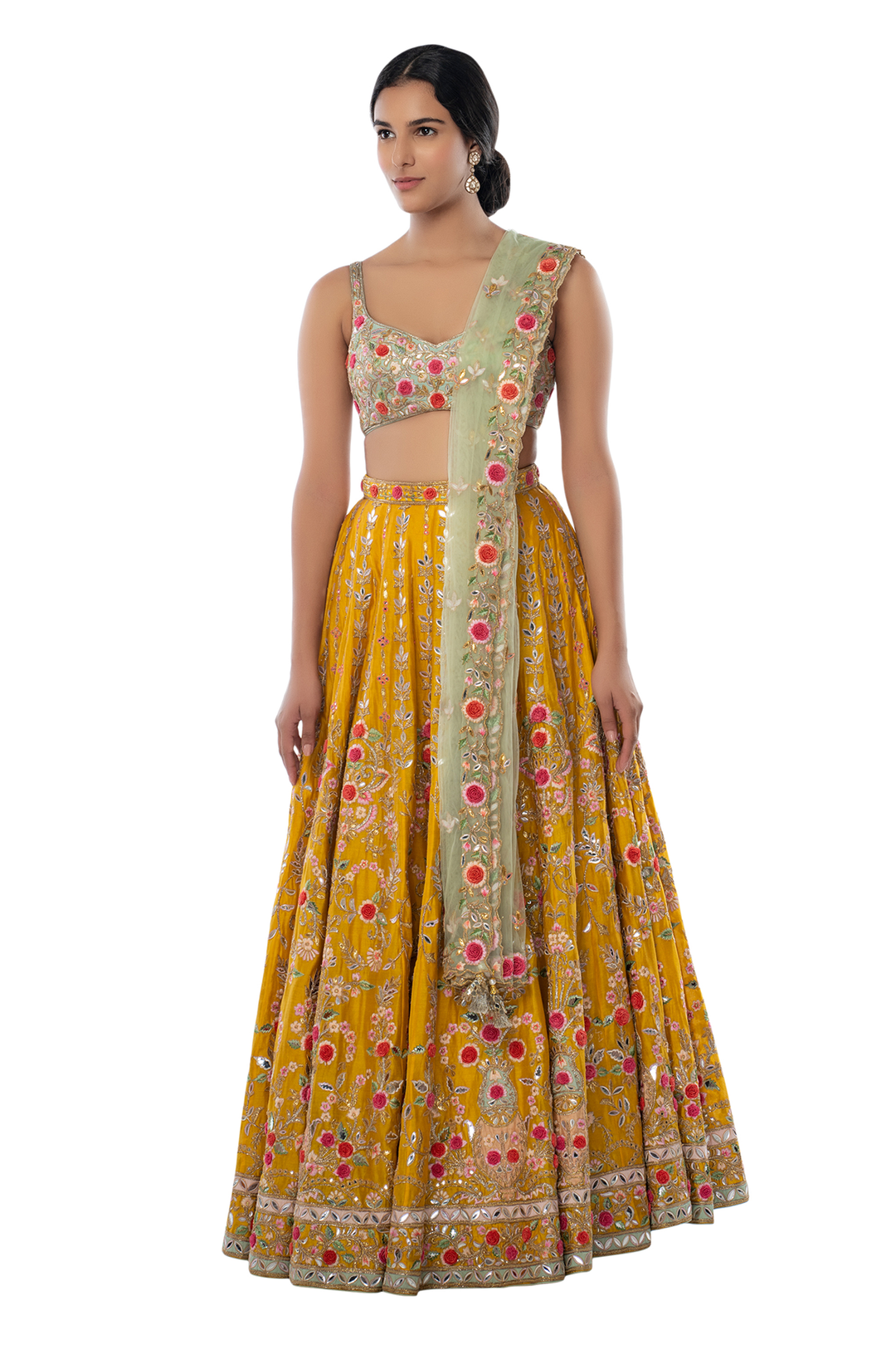 Mustard 3D Flower Lehenga With Mint Blouse And Dupatta