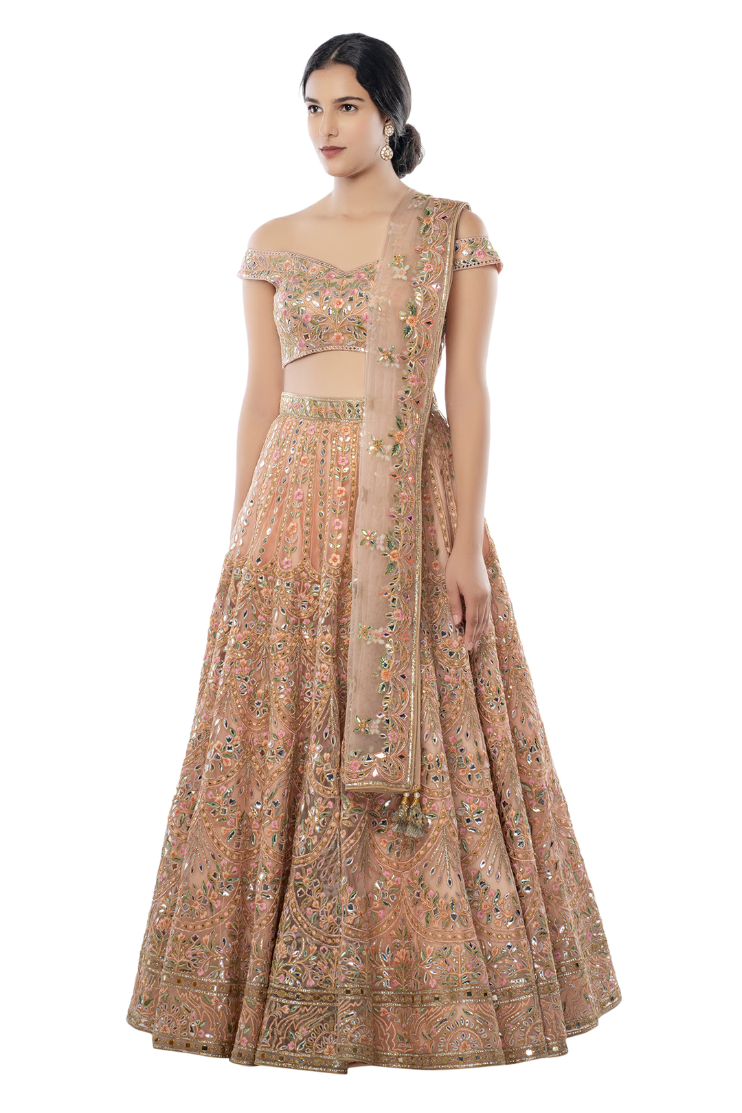 Peach Net Lehenga With Off Shoulder Blouse