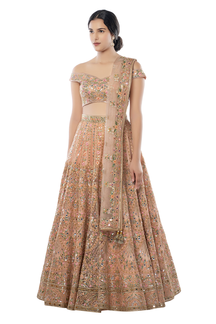 Peach Net Lehenga With Off Shoulder Blouse