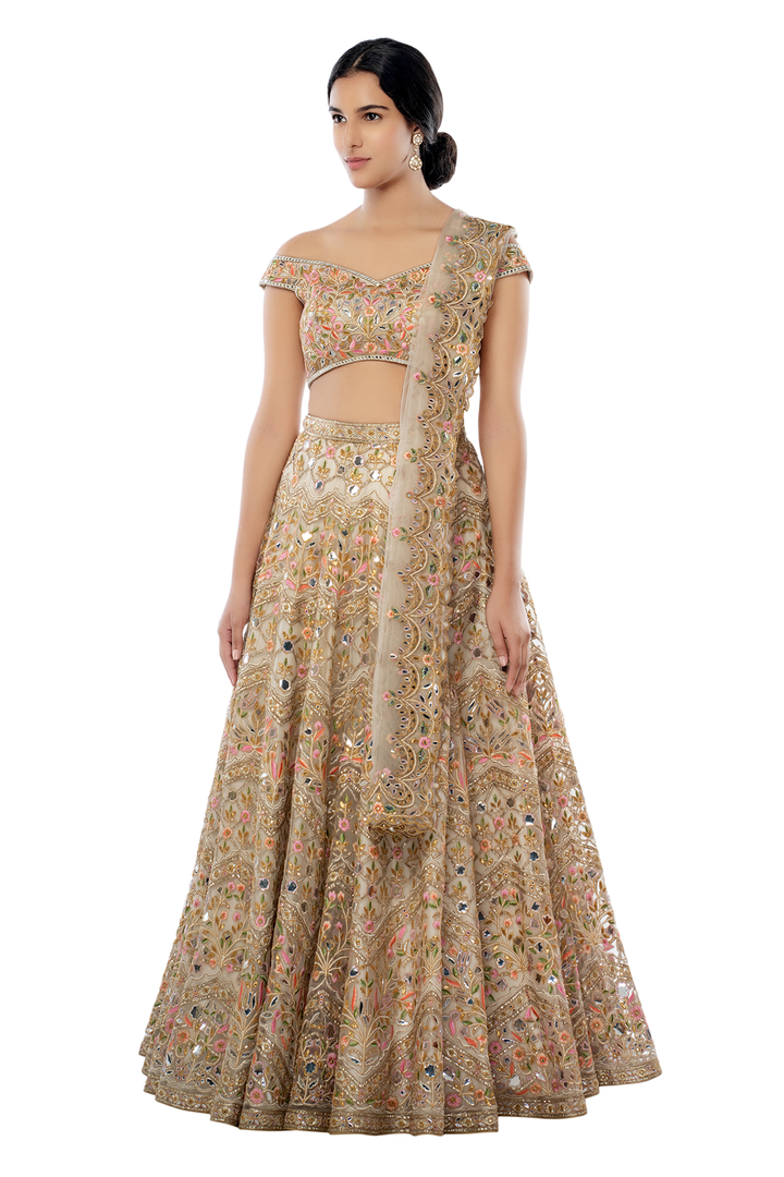 Ivory Net Lehenga With Foil, Gota Resham