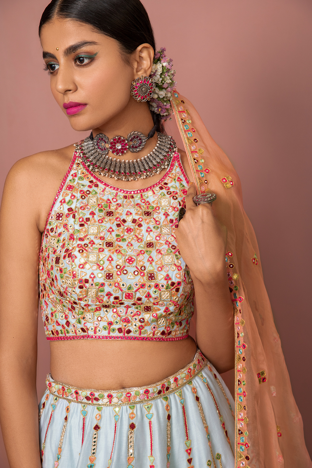 Blue Lehenga With Halter Blouse