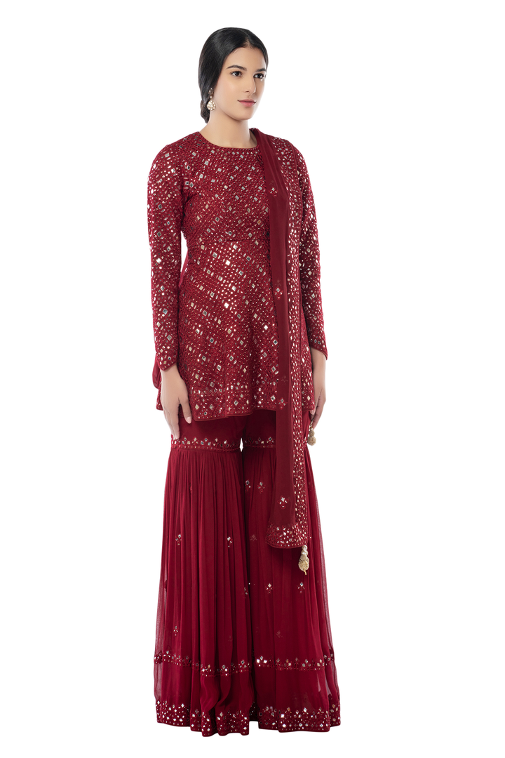 Maroon Peplum Thigh Cut Gharara Set