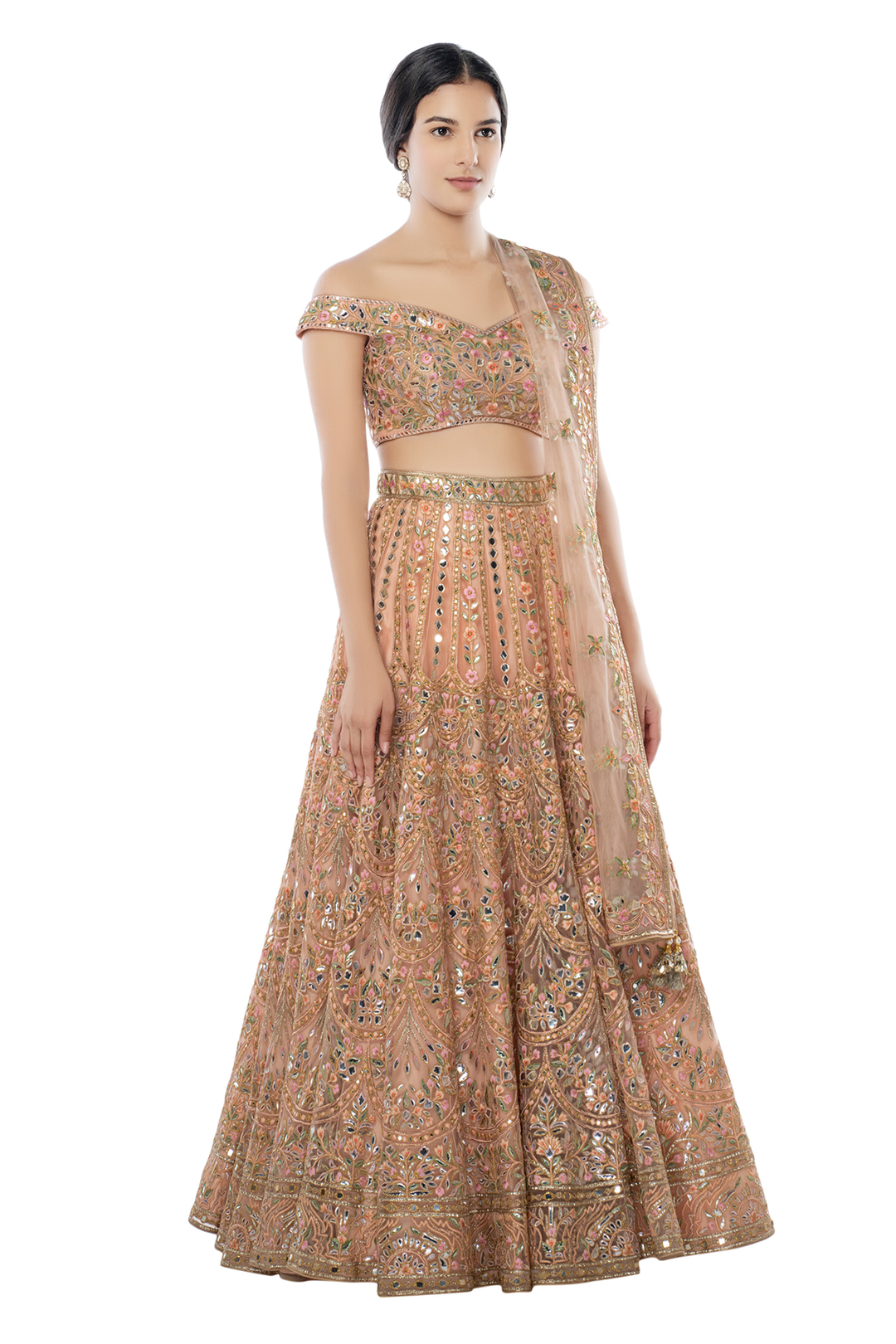 Peach Net Lehenga With Off Shoulder Blouse