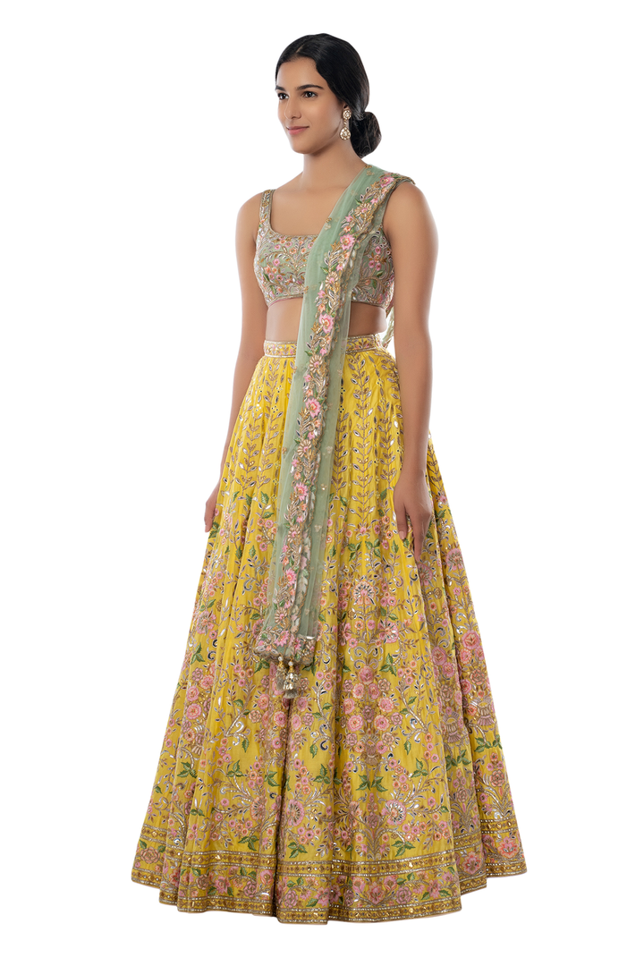 Bright Yellow Chanderi Lehenga With Resham