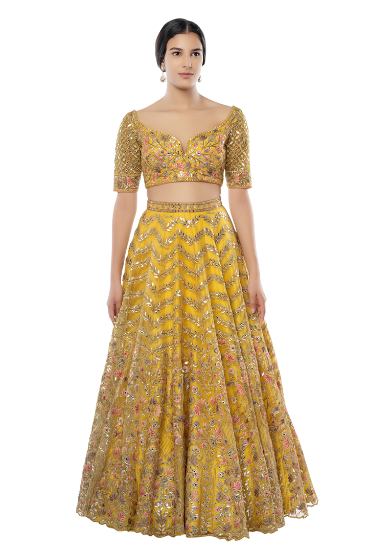 Yellow Net Lehenga With Foil, Resham