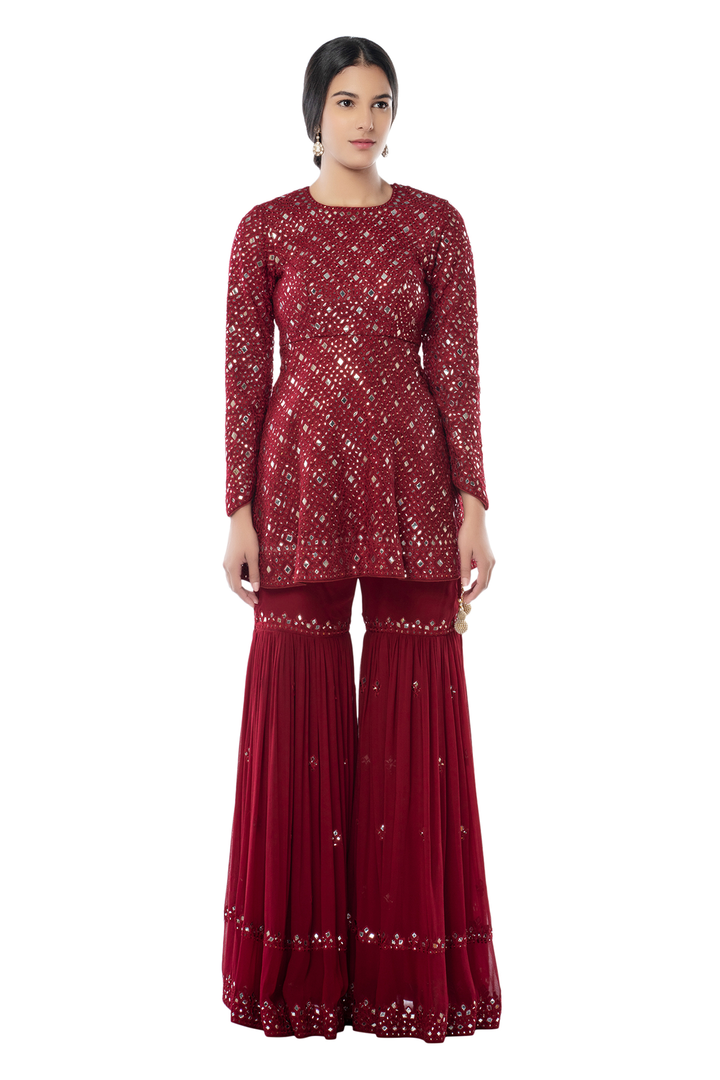 Maroon Peplum Thigh Cut Gharara Set
