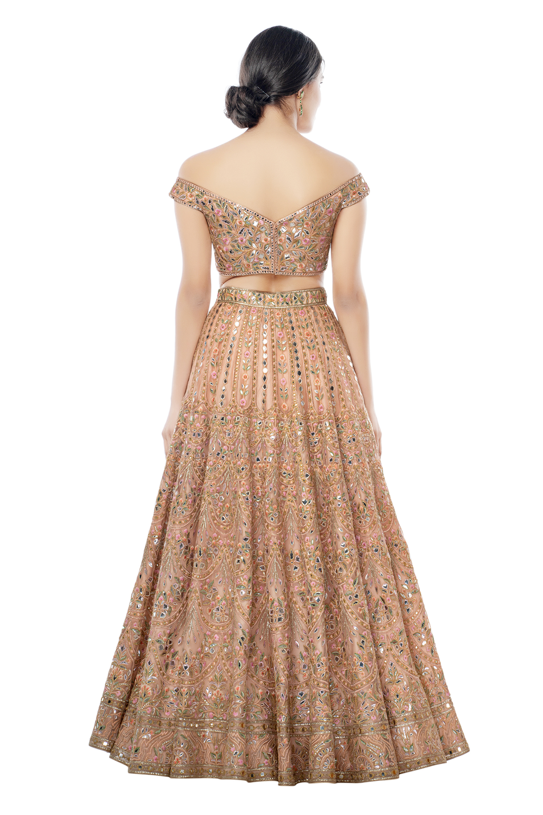 Peach Net Lehenga With Off Shoulder Blouse