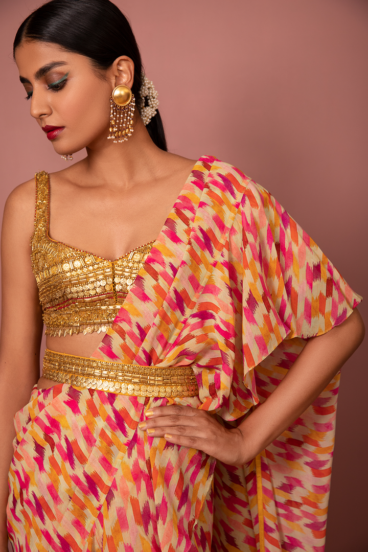 Printed Saree With Ruffles, Gold Metallic Blouse And Belt