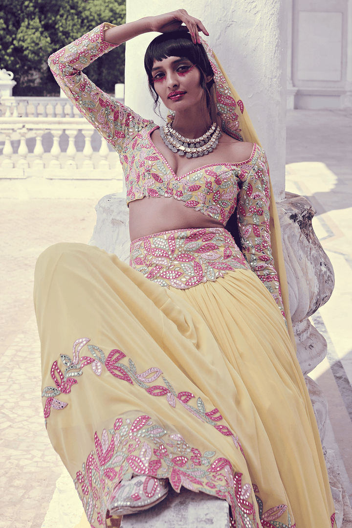 Yellow Georgette  Mirror Lehenga